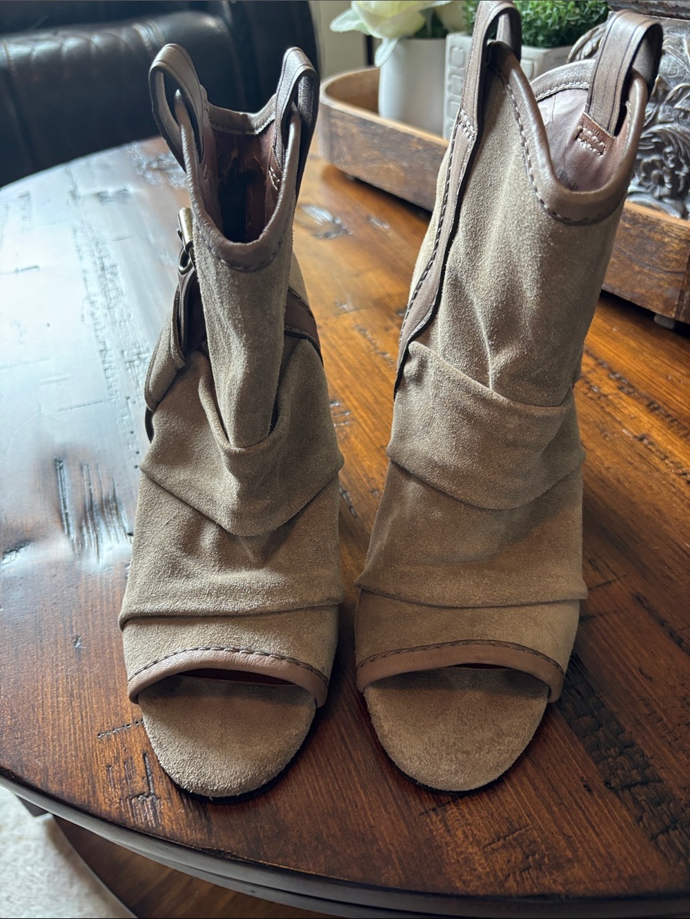 Nine West Taupe Suede Open-Toe Slouch Booties